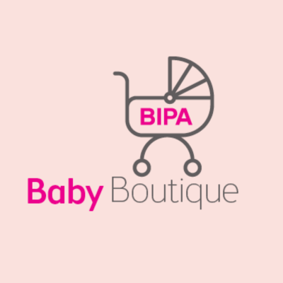 BIPA Baby Boutique Logo mit minimalistischem Kinderwagen-Design – rosa Schriftzug für Babyprodukte & Erstausstattung.