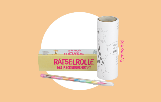 Rätselrolle mit Regenbogenstift und Verpackung ‚Shira und ihre Freunde‘ – Kinderspiel, Malspaß, kreative Beschäftigung