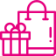 Pinkes Icon mit Einkaufstasche, Ausrufezeichen und Geschenken – Symbol für Online-Shopping und Sonderaktionen.