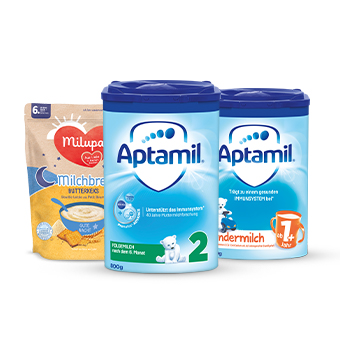 Aptiamil Babynahrung im Überblick – komplette Produktverpackungen des Sortiments sichtbar. - Link zu Aptamil/Gesamtes Sortiment 
