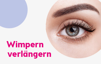 Nahaufnahme eines Auges mit betonten Wimpern und Brauen, Text ‚Wimpern verlängern‘ – Beauty-Trend, BIPA