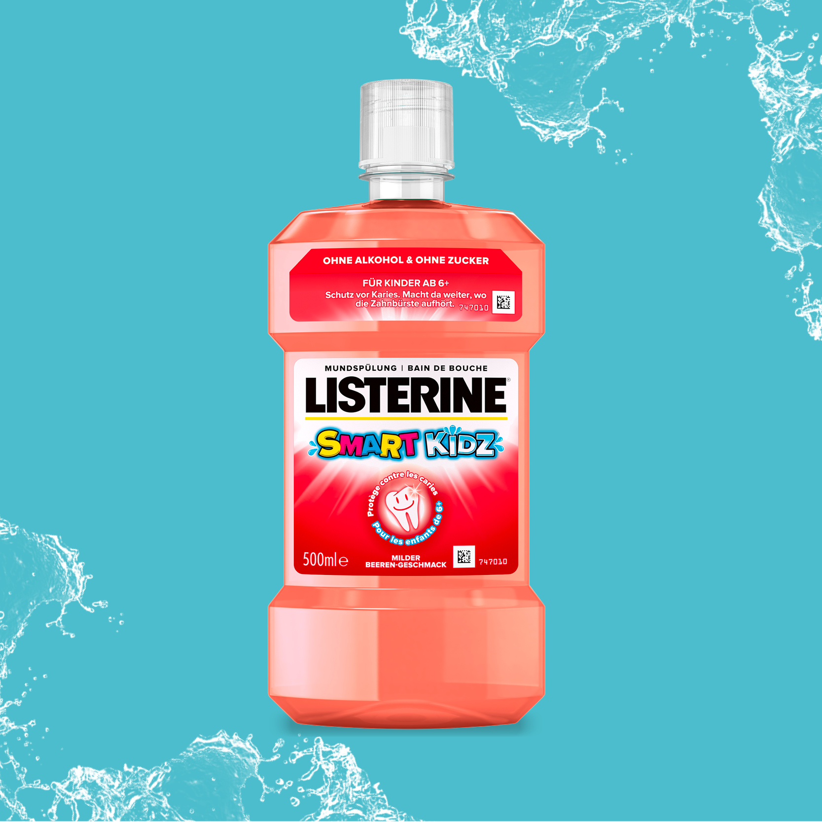 Listerine Smart Rinse Kinder-Mundspülung, 500 ml Flasche mit roter Flüssigkeit auf blauem Hintergrund.  - Link zur Markenseite/Kinder