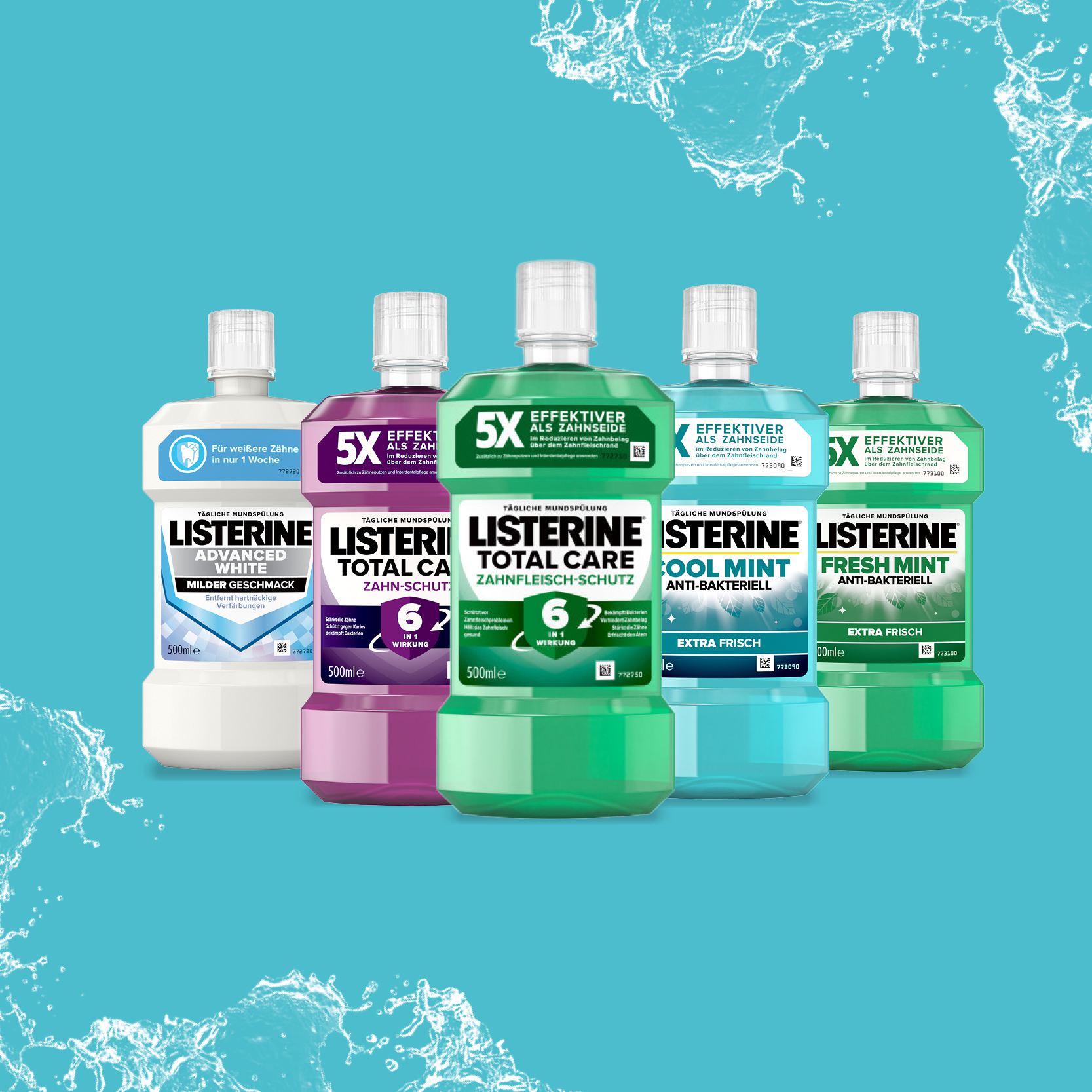 Listerine Mundspülungen wie Total Care, Cool Mint & Fresh Burst in Reihe, für umfassende Mundhygiene - Link zum Listerin/gesamten Sortiment