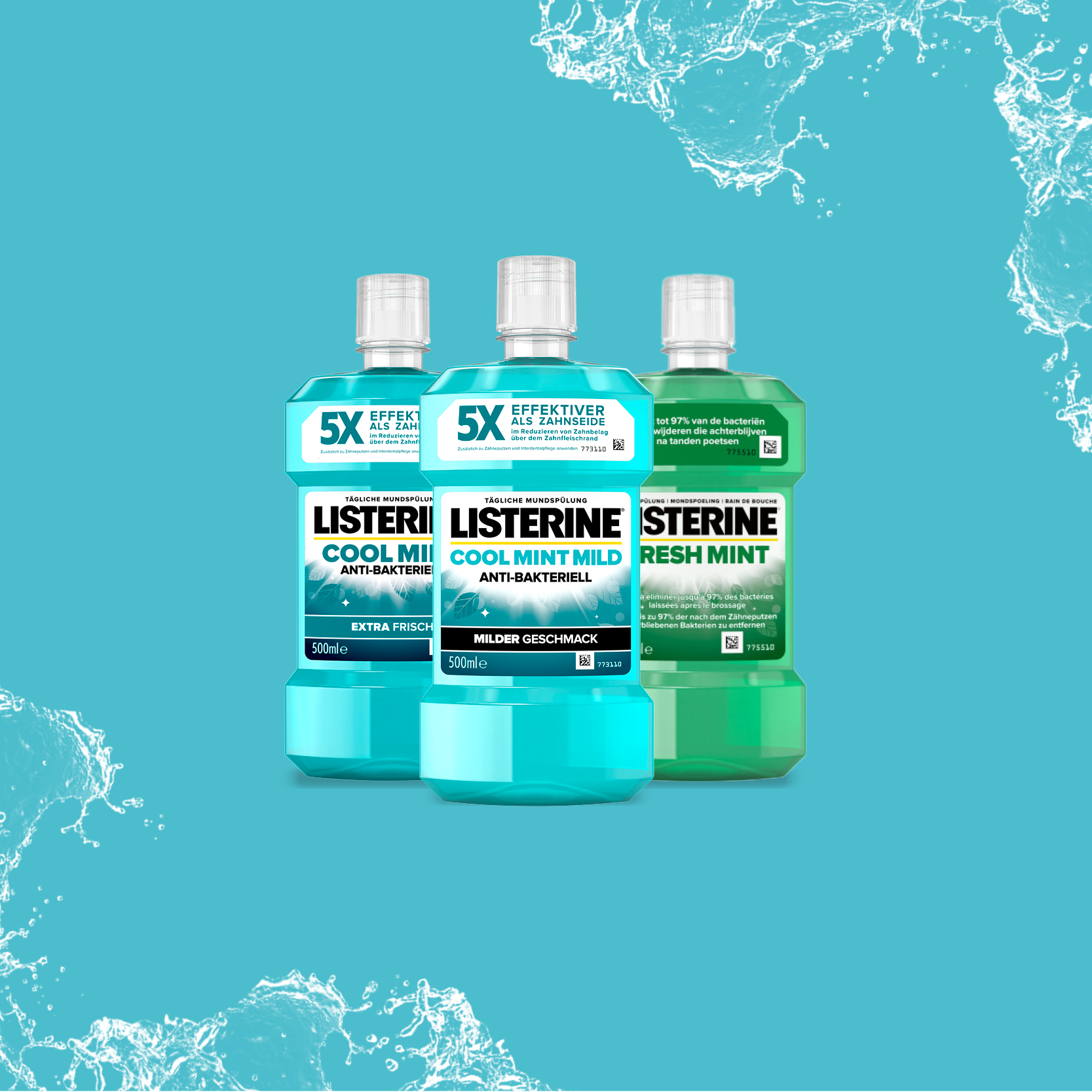 Drei Listerine Mundspülungen (Cool Mint, Mild, Fresh Mint) vor türkisfarbenem Hintergrund nebeneinander. -Link zur Markenseite/Basis Produkte