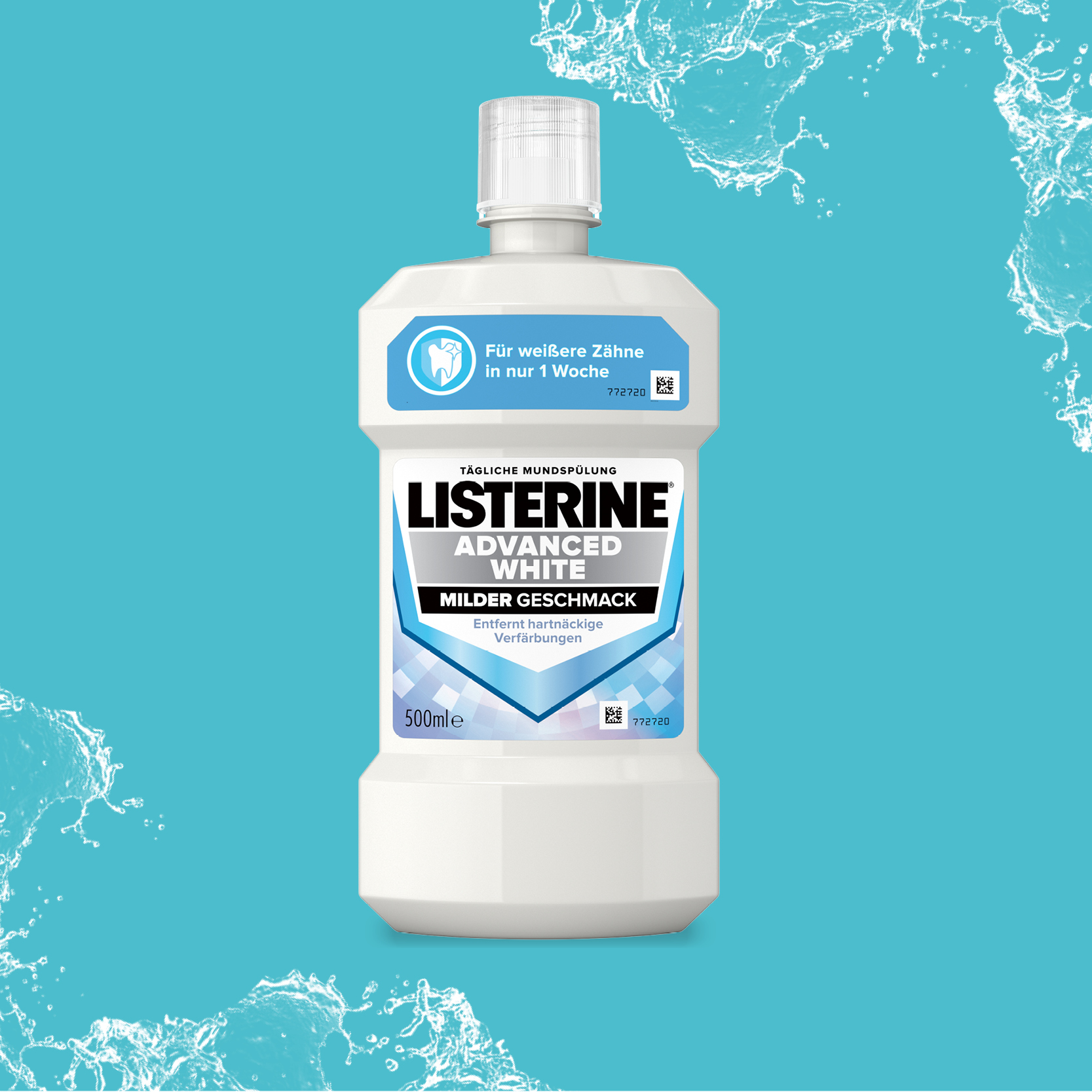 Listerine Advanced White Mundspülung vor blauem Hintergrund – Whitening-Effekt für weiße Zähne & Zahnpflege. - Link zur Markenseite/Whitening