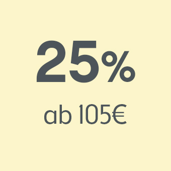 25 % Rabatt auf Einkäufe ab 105 € – gelber Hintergrund, Sommeraktion mit großem Sparpotenzial