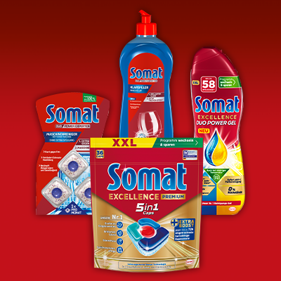 Somat Sortiment mit Spülmaschinentabs, Klarspüler & Gelreiniger auf rotem Hintergrund – kraftvolle Geschirrreinigung. - Link zur Markenseite/Gesamtes Sortiment