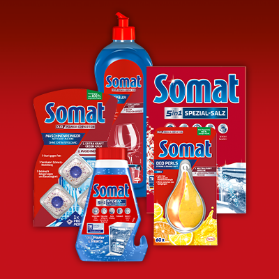 Somat Systemprodukte für Geschirrspüler: Tabs, Gel & Salz in roter Verpackung – effektive Reinigung & Pflege. - Link zur Markenseite/Systemprodukte