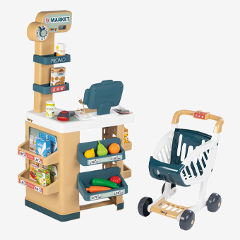 Spielzeug-Supermarkt mit Kasse, Einkaufswagen und Lebensmitteln – ideal für Kinder-Rollenspiele und Lernspaß