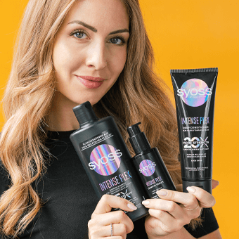 Syoss Haarpflege: Shampoo, Conditioner & Styling-Gel in Hand vor gelbem Hintergrund präsentiert