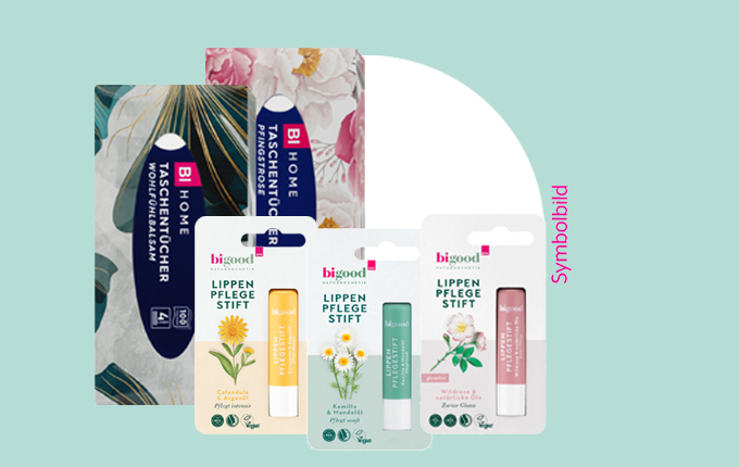BI HOME Taschentücher & bi good Lippenpflege: Ringelblume, Kamille, Minze, Wildrose – nachhaltig & sanft.
