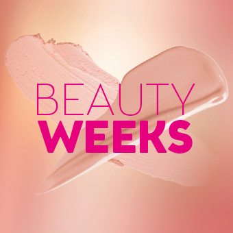 Beauty Weeks bei BIPA: Rosa und beige Make-up-Swatches auf Farbverlauf – aktuelle Kosmetiktrends entdecken.