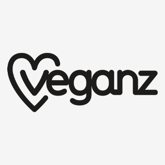 Veganz Logo mit herzförmigem V auf weißem Hintergrund – Markenlogo für vegane Lebensmittel und pflanzliche Ernährung