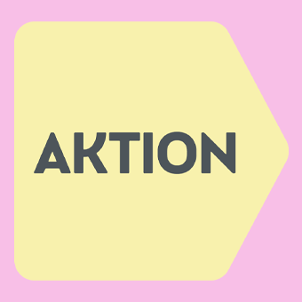gelber Badge mit dem Wording "Aktion" auf rosa Hintergrund. Führt auf die Akitons Seite
