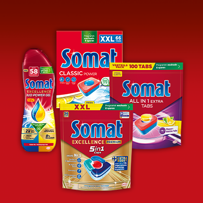 Somat Sortiment mit XXL Classic Pulver, All in 1 Tabs, 5in1 Gel & Spülmaschinen-Deo – starke Reinigung & Frische. - Link zur Markenseite/Reiniger