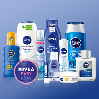 NIVEA Hautpflegeprodukte wie Sonnencreme, Body Milk, Deo und Babycreme vor blauem Hintergrund. - Link zur Markenseite/Gesamtes Sortiment