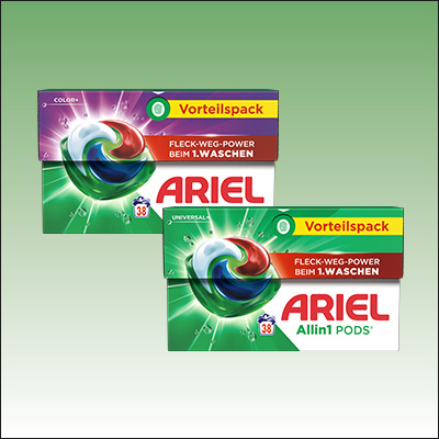 ARIEL All in 1 Pods in verschiedenen Verpackungen – kraftvolle Fleckentfernung und einfache Dosierung