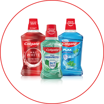 Colgate Mundspülungen Max White, Total 12H Schutz & Plax – für frischen Atem & umfassende Zahnhygiene. Link zu Colgate Markenseite/Mundspülung.