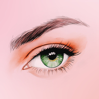 Realistische Illustration eines grünen Auges mit Wimpern und Braue auf rosa Hintergrund – Fokus auf Beauty, Augenfarbe & Make-up.