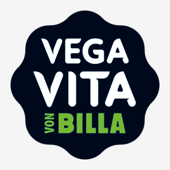 VEGA VITA von BILLA Logo in Weiß und Grün auf dunkelblauem Hintergrund – pflanzliche Produktlinie für vegane Ernährung