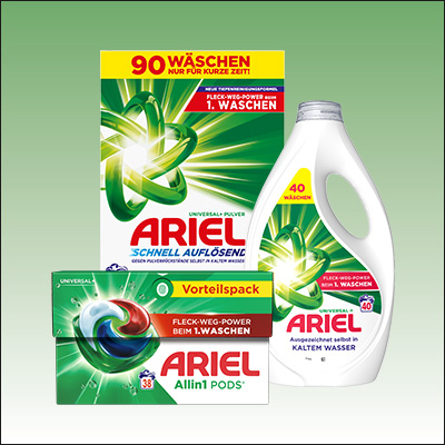 ARIEL Sortiment mit Flüssigwaschmittel, Pods und Pulver – vielseitige Waschmittel für jede Anwendung