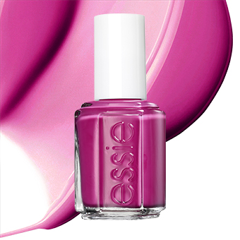 Essie Nagellackflasche in Pink mit weißem Deckel vor Farbmuster – ideal für leuchtende, trendige Maniküren..