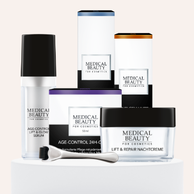 Medical Beauty Produkte auf einem Podest