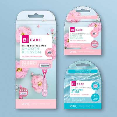 BI CARE Smooth & Blossom Rasierer mit Nachfüllklingen für empfindliche Haut – florales Design in Rosa.