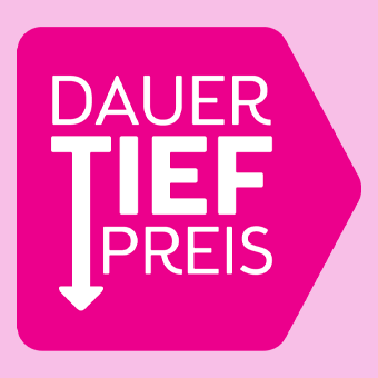 pinker Badge mit dem Wording "Dauertiefpreis" auf rosa Hintergrund. Führt zur Dauertiefpreis Seite