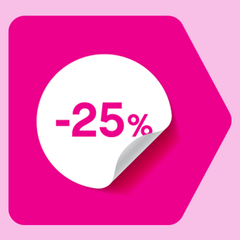 Pinker Badge mit weißem Kreis und der Aufschrift "-25%" auf rosa Hintergrund. Führt zur Sticker Seite