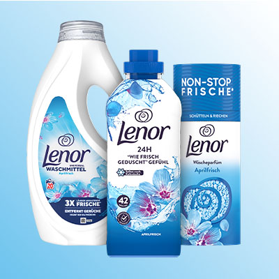 Lenor Sortiment mit Waschmittel, Weichspüler, Pods & Wäscheparfüm in Markenverpackung