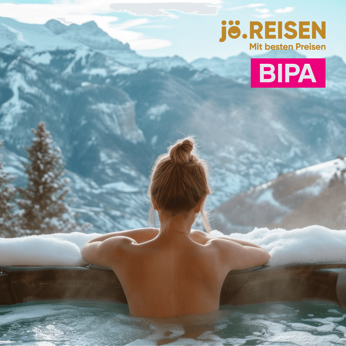 Person entspannt im Whirlpool mit Bergblick – jö.REISEN & BIPA Werbung