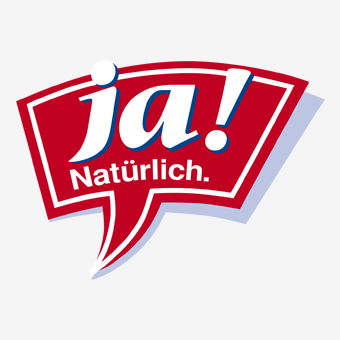 ja! Natürlich.-Logo in roter Sprechblase mit weißer Schrift – Markenlogo für Bio-Produkte und nachhaltige Lebensmittel