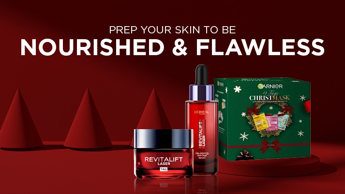 L’Oréal Revitalift Laser Tagescreme und Serum sowie Garnier Christmas Mask Set für gepflegte, strahlende Haut.