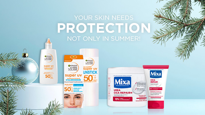 Garnier Ambre Solaire Super UV Sonnenschutz SPF 50 und Mixa Cica Repair Pflege für Schutz und Feuchtigkeit im Winter.