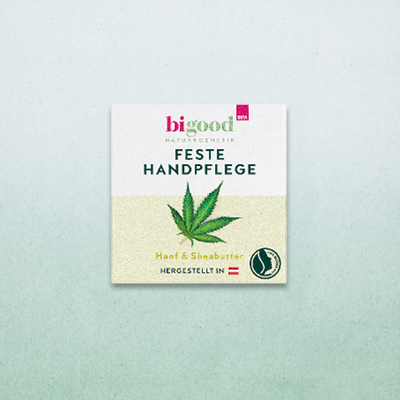 bi good Neuheit: feste Handpflege mit Mandel- und Bambusduft, vegane Naturkosmetik mit grünem Blattmotiv