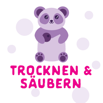 Lila Panda mit Seifenblasen und pinkem Schriftzug ‚TROCKNEN & SÄUBERN‘ – BI KIDS Design für Kinderpflegeprodukte.