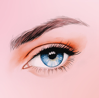 Realistische Illustration eines blauen Auges mit Wimpern und Braue auf rosa Hintergrund – Fokus auf Beauty, Augenfarbe & Make-up.