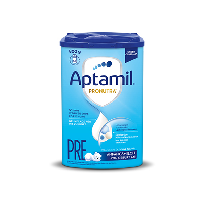 Aptamil Pronutra PRE Anfangsmilch mit blauem Deckel und Bärenmotiv – Säuglingsnahrung für Neugeborene. - Link zu Markenseite/Anfangsmilch 