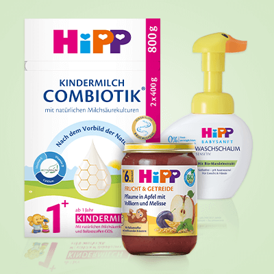 HiPP Kindermilch Combiotik, Babysanft WaschSchaum & Frucht-Getreide Pflaume in Apfel im Glas.