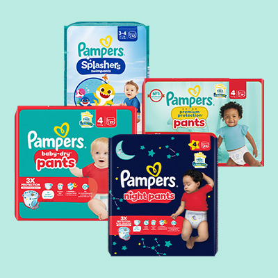 Vier Packungen Pampers-Windeln im Kreis angeordnet, verschiedene Größen für optimalen Schutz & Komfort. - Link zur Markenseite/Pampers Pants