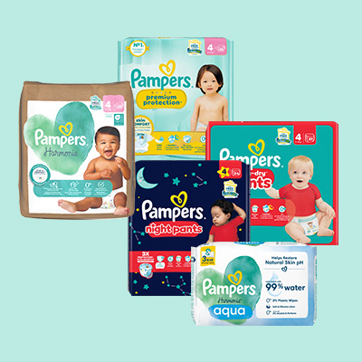 Verschiedene Pampers-Produkte wie Windeln & Feuchttücher, sanfte Pflege & Schutz für empfindliche Babyhaut. - Link zur Markenseite/Gesamtes Sortiment