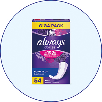 Always Slipeinlagen Long Plus im Giga Pack, lila Verpackung, extra Schutz für den Alltag. - Link zur Markenseite/Slipeinlagen
