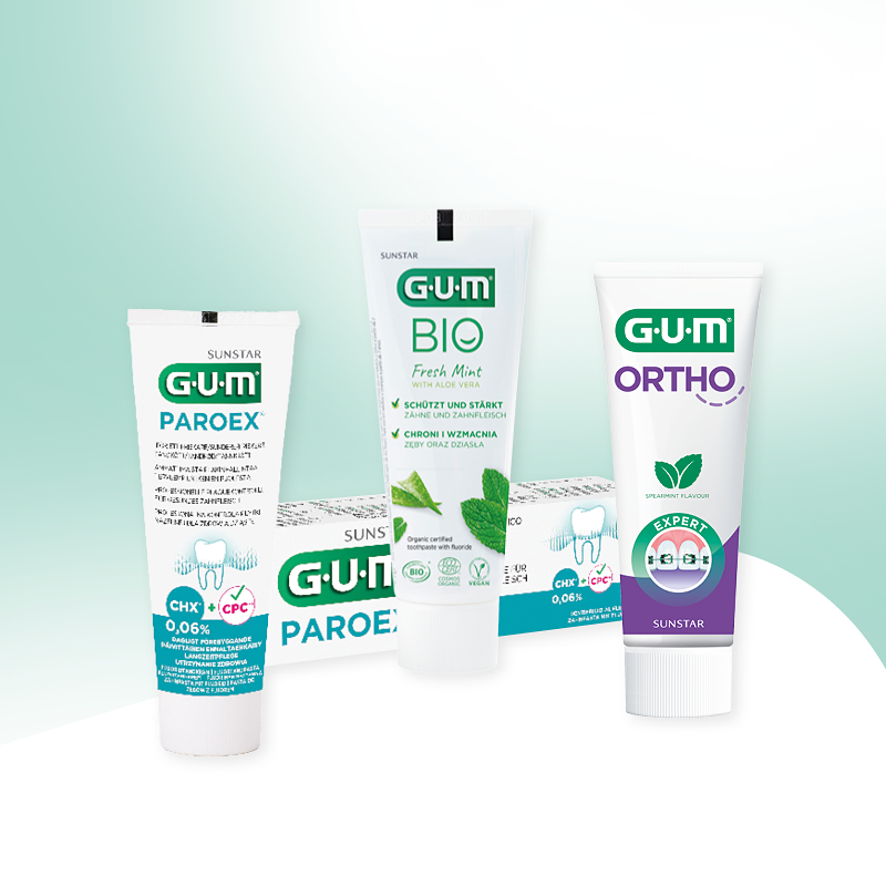 Drei GUM Zahnpasten: Paroex, Bio Fresh Mint & Ortho – gezielte Zahnpflege für Zahnfleisch, frischen Atem und Zahnspangen.