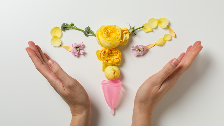 Symbolischer Uterus aus Blumen & Menstruationstasse, eingerahmt von Händen – nachhaltige Periodenprodukte entdecken