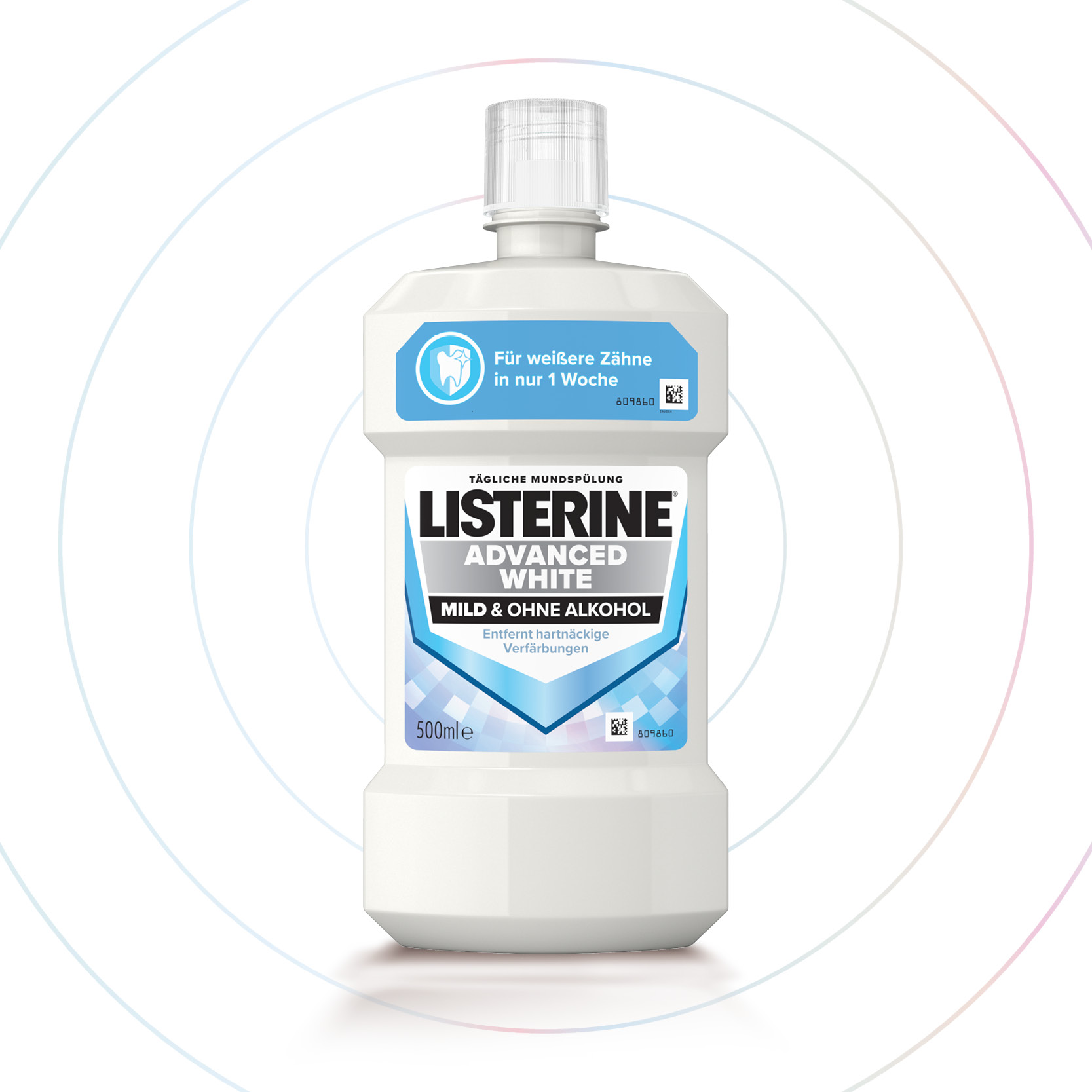 Listerine Advanced White Mundspülung vor weißem Hintergrund – Whitening-Effekt für weiße Zähne & Zahnpflege. - Link zur Markenseite/Whitening