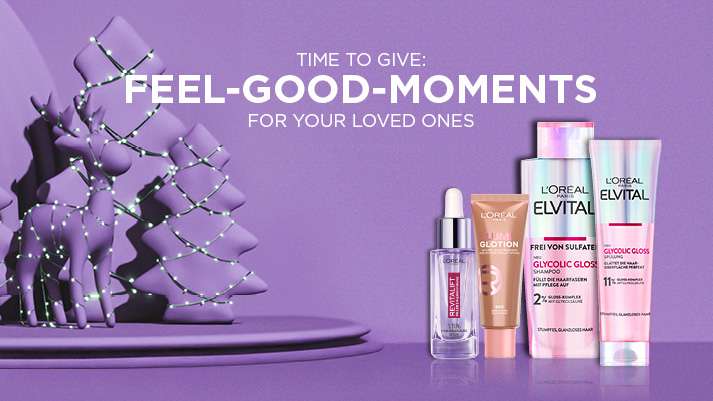 L’Oréal Elvital Glycolic Gloss Shampoo und Conditioner sowie Revitalift Serum für glänzendes, gepflegtes Haar und Haut.