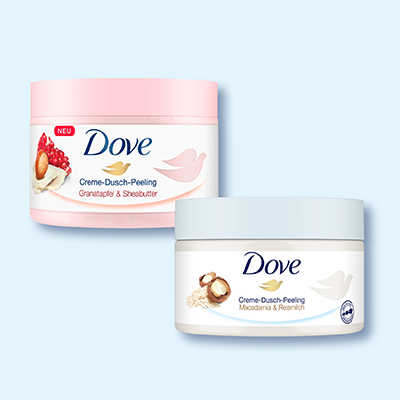 Dove Creme-Dusch-Peelings: Granatapfel & Sheabutter sowie Macadamia & Reismilch – sanfte Hautpflege im Tiegel. - Link zur Markenseite/Peeling