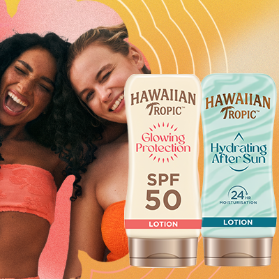 Hawaiian Tropic SPF 50 Sonnenschutz & After Sun Lotion mit Personen im Sommerambiente.