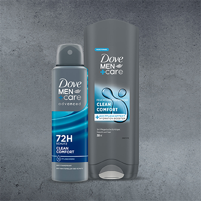 Dove Men+Care 72h Deo-Spray & Clean Comfort Duschgel für Männerpflege – langanhaltender Schutz & Frische. Link zur Markenseite/Männerpflege